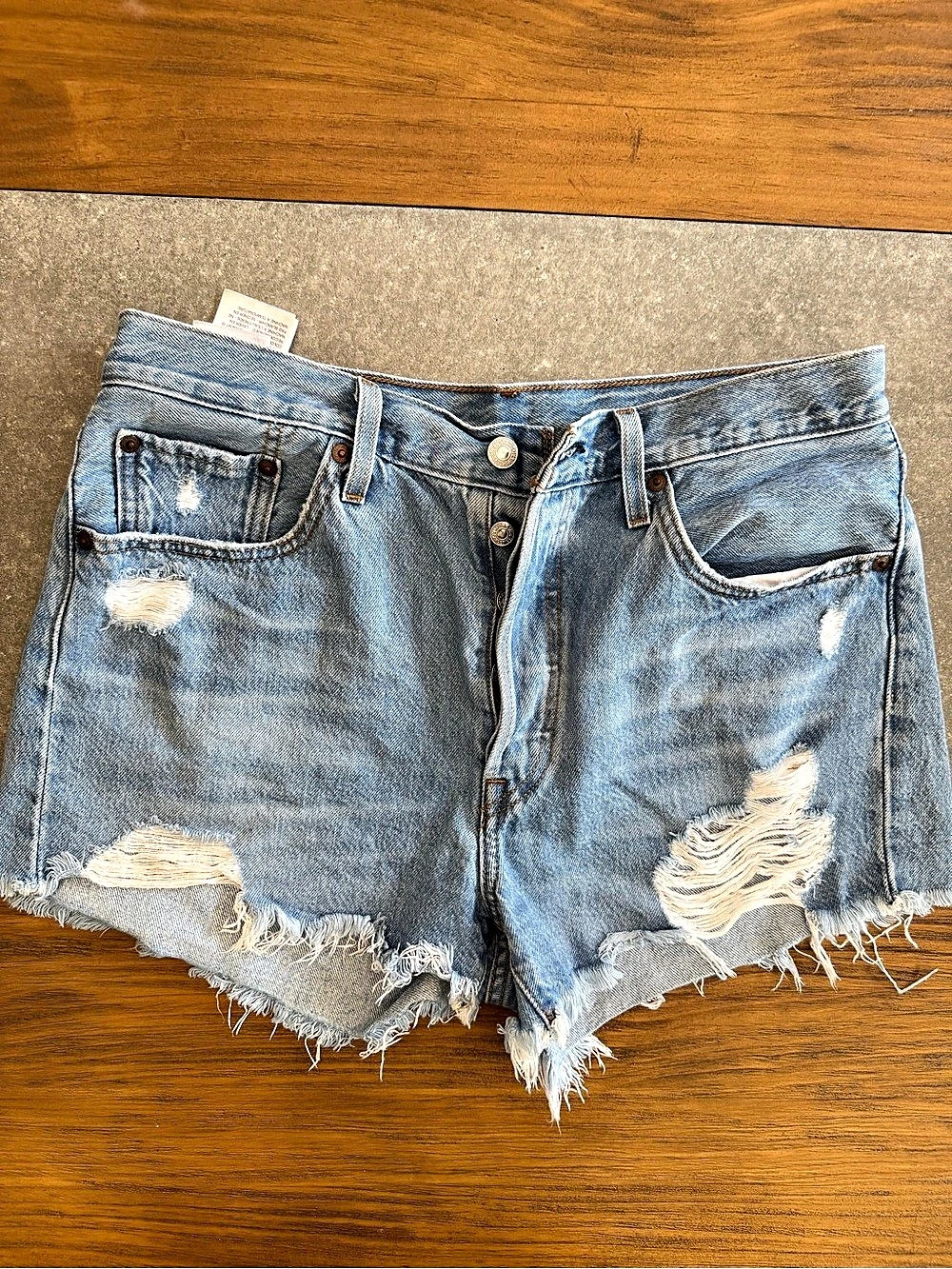 Levi's 501 Original High-Rise Shorts Distressed Denim Jean Shorts in Blue Waist